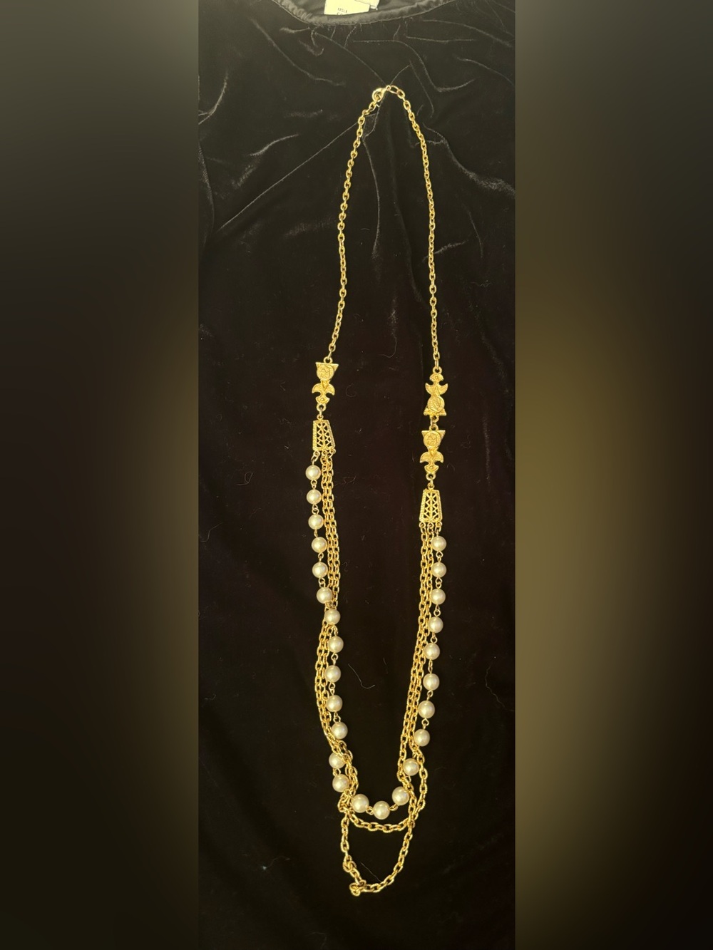 Gold Tone Multi-Chain Necklace with Faux Pearl Stations, 32”